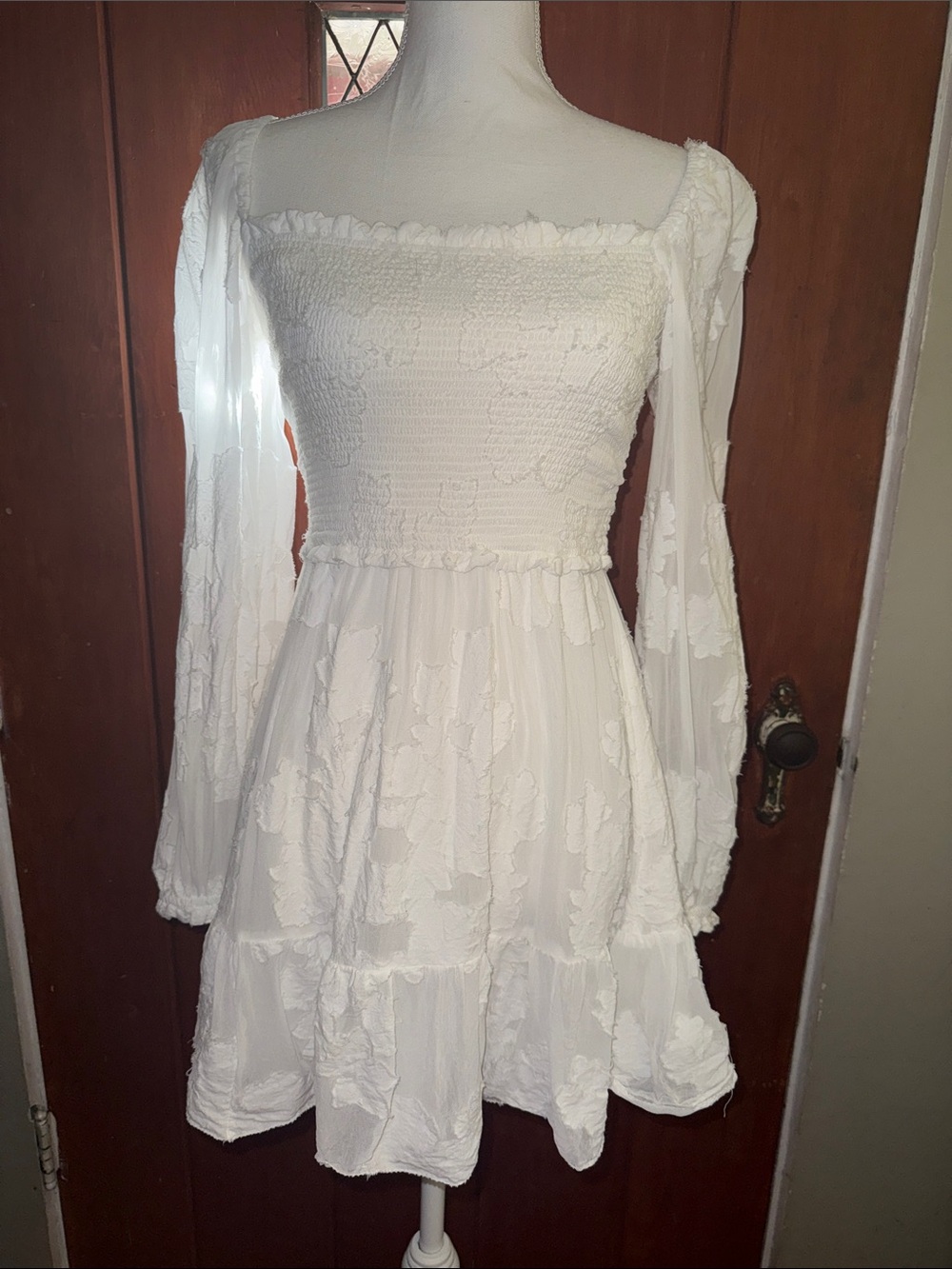 Wilfred White Long-Sleeve Smocked Bodice Mini Dress